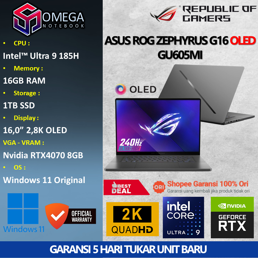 ASUS ROG ZEPHYRUS G16 OLED GU605MI Ultra 9 185H 16GB 1TB RTX4070 8GB 16" 2,5K Oled Windows 11