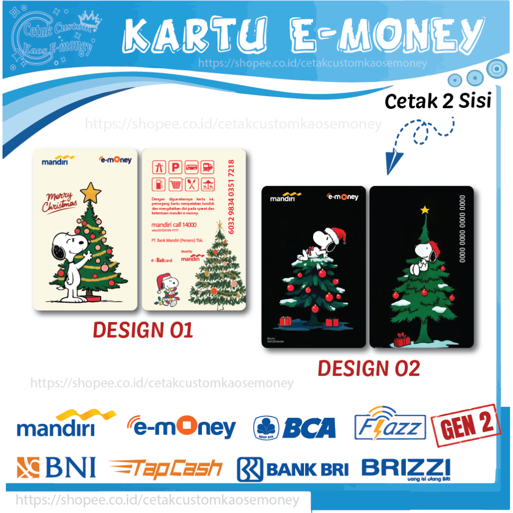 KARTU E MONEY E TOLL KARTUN SNOPPY NATAL EDISI CRISTMAS MANDIRI EMONEY BNI BRI BCA GEN 2 - 2 SISI