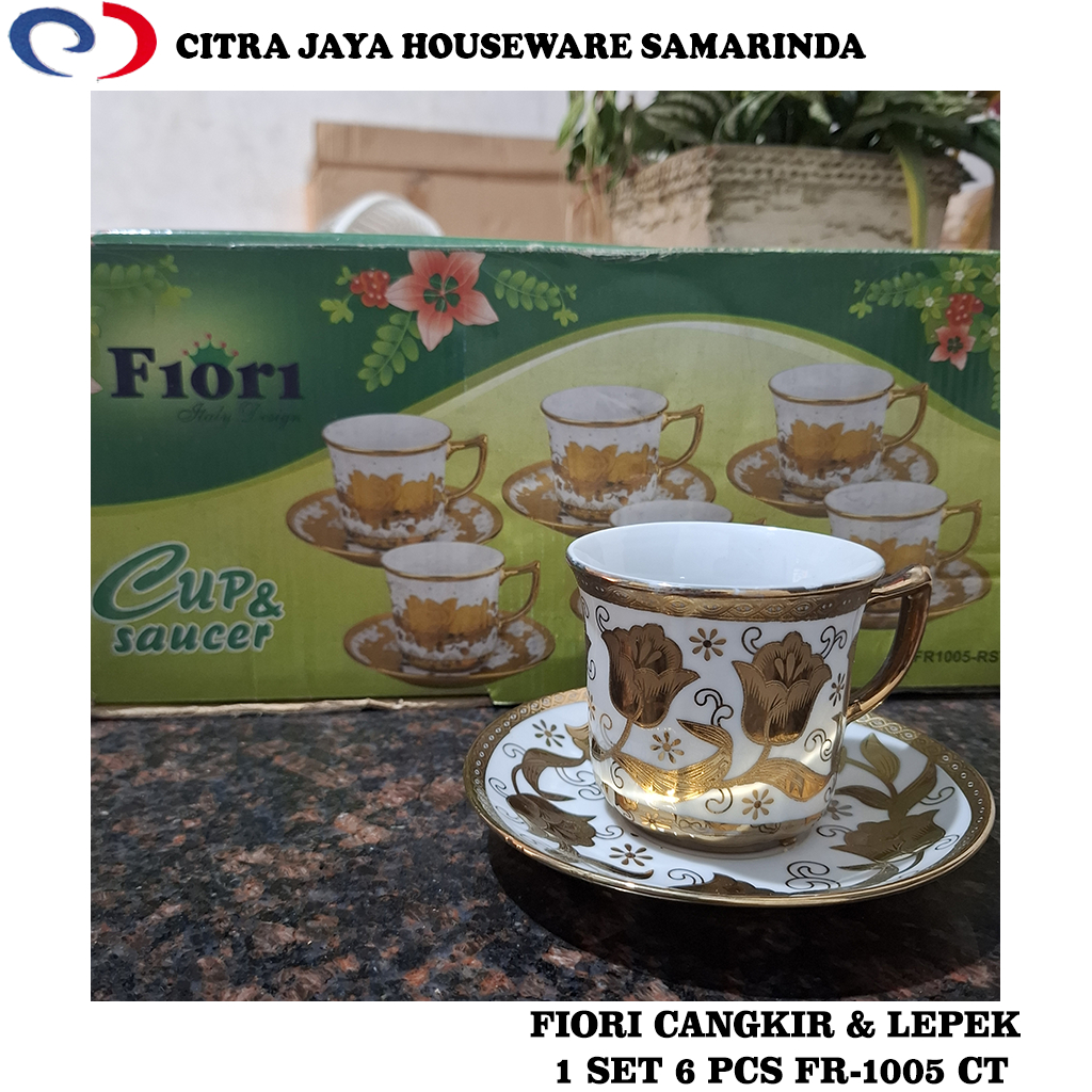 Cangkir & Lepek Motif Kembang Emas 1 Set (6 Pcs) Fiori FR-1005 CT