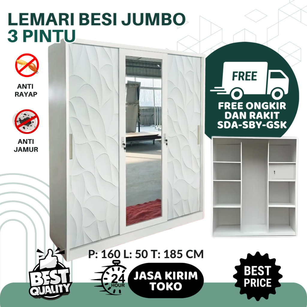 Lemari Pakaian Besi 3 Pintu BUFALO Sliding Jumbo, Lemari Baju Besi, Lemari Besi 3 Pintu 150