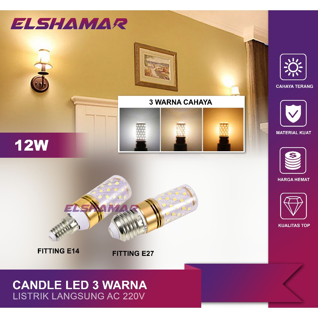 Lampu LED Candle 3 Warna 12W Bohlam Lilin Hias E27 E14