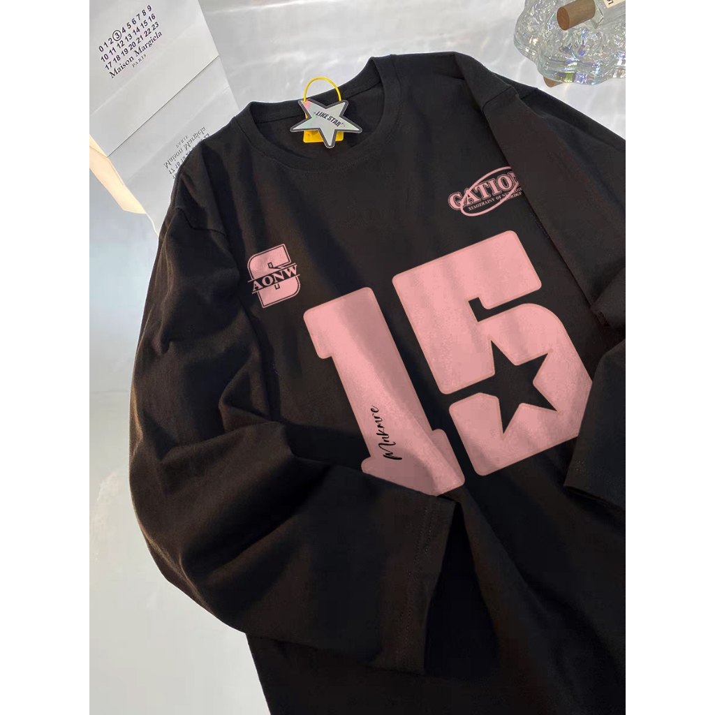 Sezo Kaos Lengan Panjang Wanita Kekinian Korean Style Motif Angka 15 Warna Pink Tshirt Baju Atasan W
