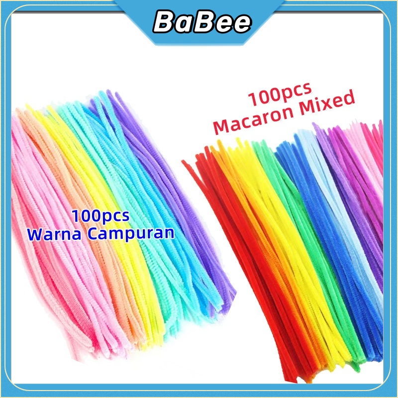 Babee Toy Kawat Bulu 100pcs Mix Pastel DIY Mawar Mix Rainbow Batang Chenille Craft Twist Stick Pipe 