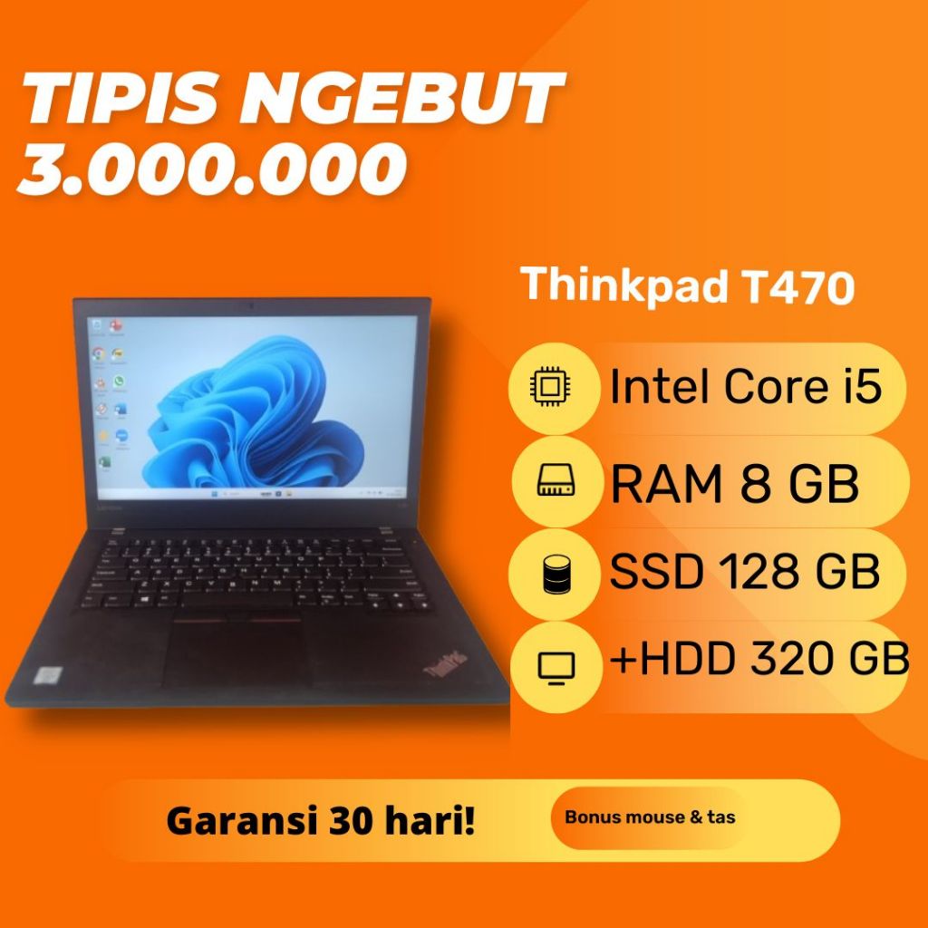 Laptop Lenovo Thinkpad T470 Intel Core i5 6300U RAM 8GB SSD Slim DDR4 Windows 11 Second Bekas Second