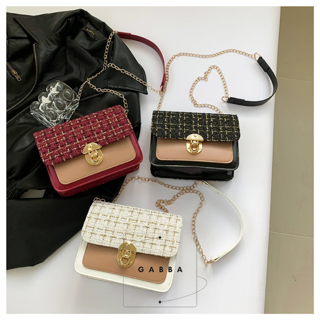 GABBA - Jiwon Bag | Tas Wanita Selempang Tweed Tali Rantai Kulit Bahan Kain - Medium Tas Rajut Ranta