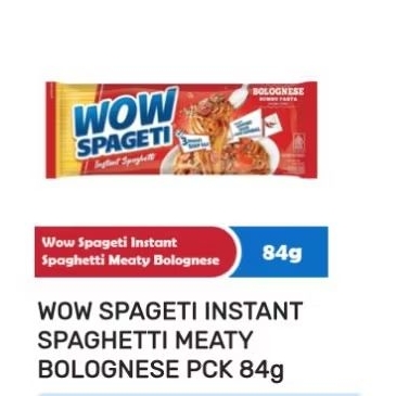 

WOW SPAGETI INSTANT SPAGHETTI MEATY BOLOGNESE PCK 84gWOW SPAGETI INSTANT SPAGHETTI MEATY BOLOGNESE PCK 84g 20pcs (1/2 dus)