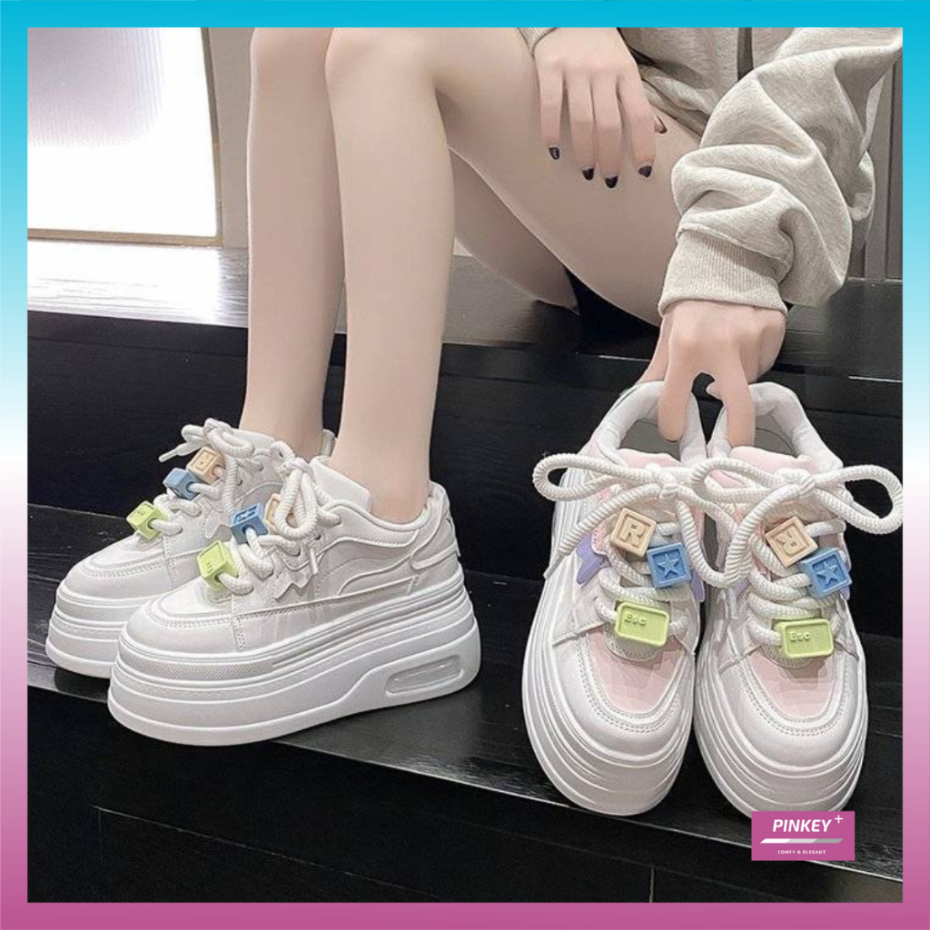 ✅PINKEY P303 Sepatu Sneakers Putih Boots Tinggi Wanita Sneakers Shoes Hak Tebal