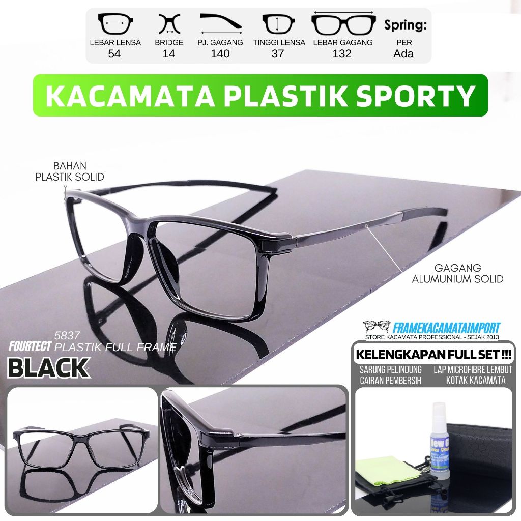 Kacamata Pria Kotak Sporty Plastik Gagang Alumunium