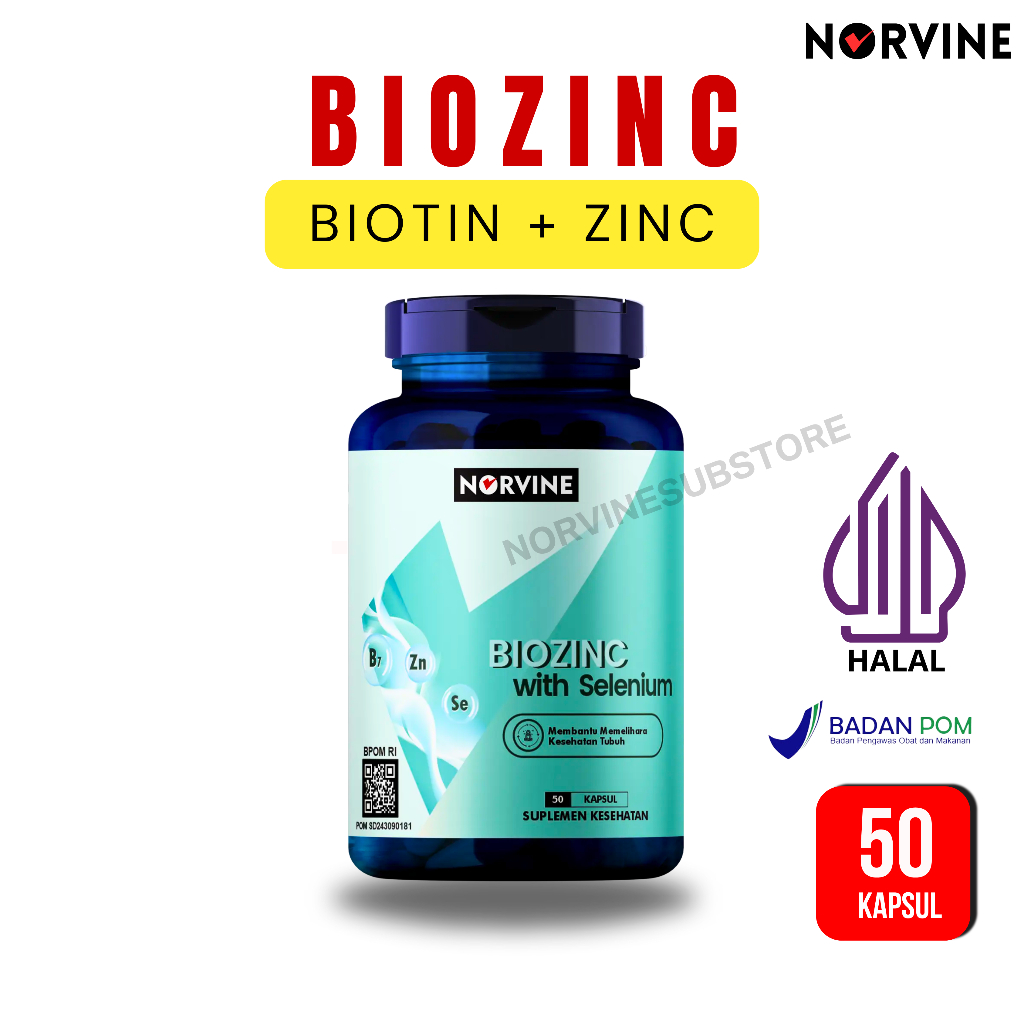 BIOTIN PLUS ZINC BIOZINC NORVINE VITAMIN RAMBUT DAN BREWOK ISI 50 KAPSUL HALAL BPOM