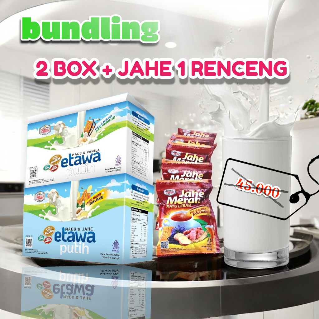 

[ BONUS 1 RENCENG JAHE ] PAKET HEMAT 2 BOX SUSU ETAWA PUTIH PLUS JAHE 1 RENCENG , jahe hangat gula aren dan susu kambing 2 box bebas pilih varian original 100%