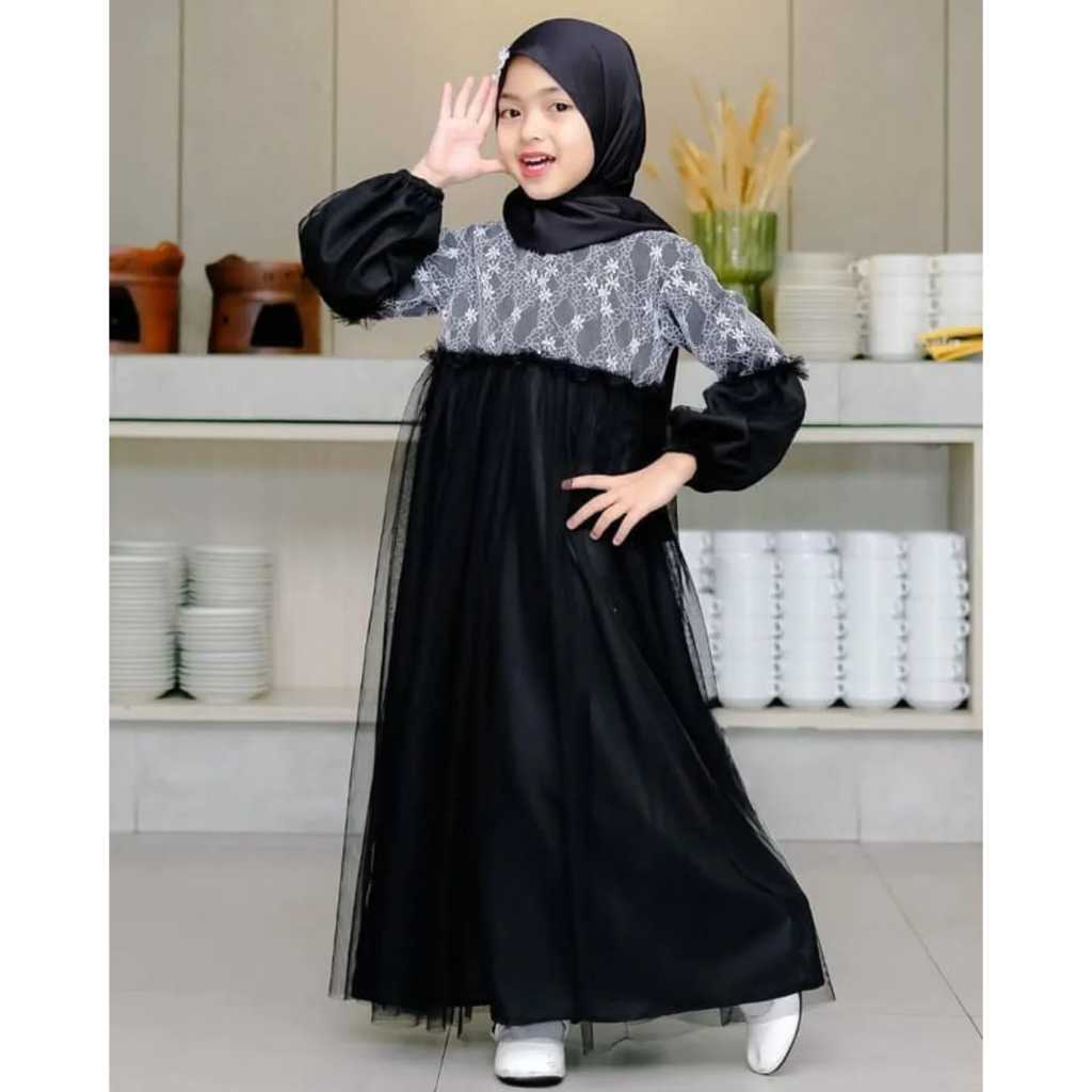 Gaun Pesta Anak Mewah Faliha Dress Gamis Anak Usia 3 - 6 Tahun Bahan Satin Velvet Mix Brukat Tille