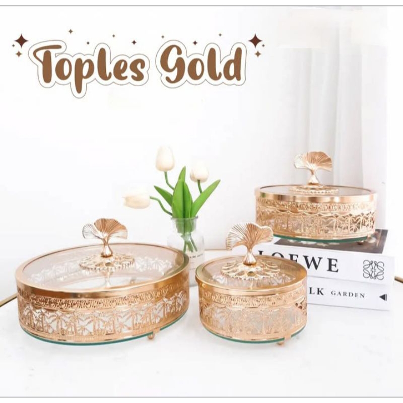 (1 Set Isi 3) Toples Sultan Gold Premium, Toples Lebaran Kaca Crystal Super Mewah Toples Jajan Idul 