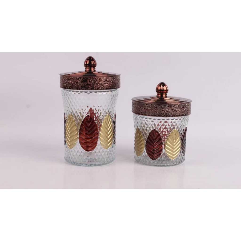 Toples Kaca Arab Coklat Import Tutup Putar motif DAUN / Toples Lebaran Impor model baru
