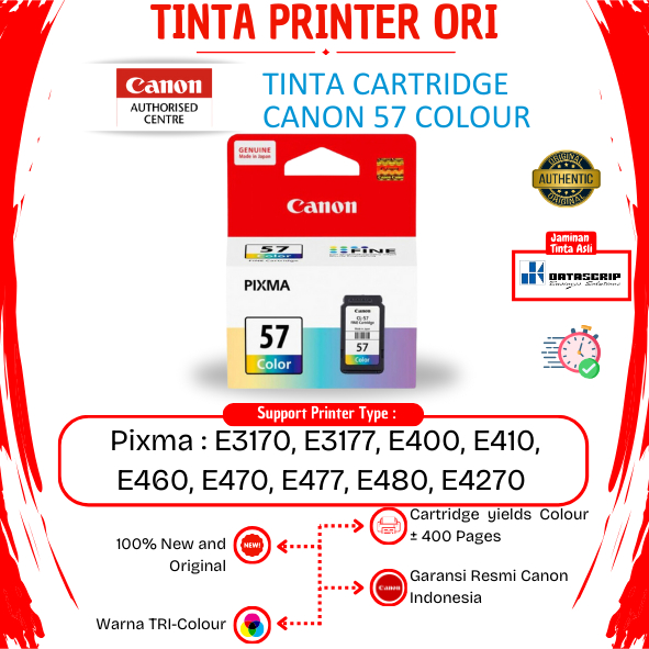 Canon CL-57 Colour | 57 Warna Original Ink Cartridge For Printer Pixma Pixma E400 / E460 / E480