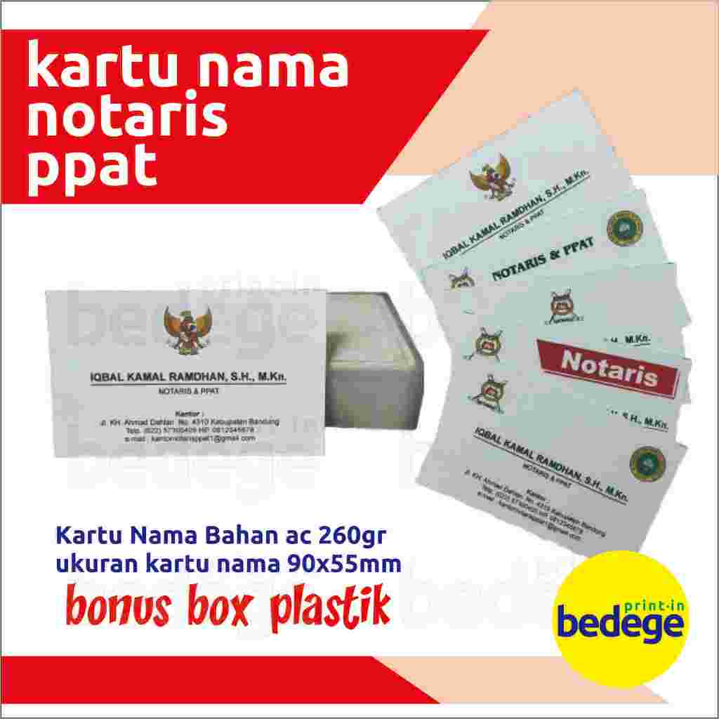 

Cetak Kartu Nama Notaris / PPAT, Ikatan Notaris Indonesi (INI), Ikatan Pejabat Pembuat Akta Tanah (IPPAT), Kantor Notaris dan PPAT ukuran 90 x 55mm, Cetak full color 1 sisi, sudah termasuk box plastik