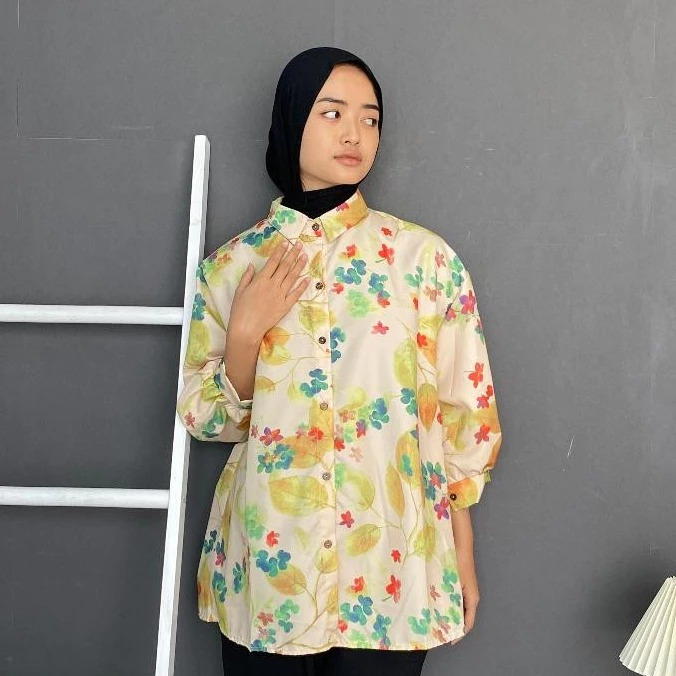 NJ NEONA BLOUSE ATASAN WANITA MOTIF BUNGA KUNING HIJAB FRIENDLY