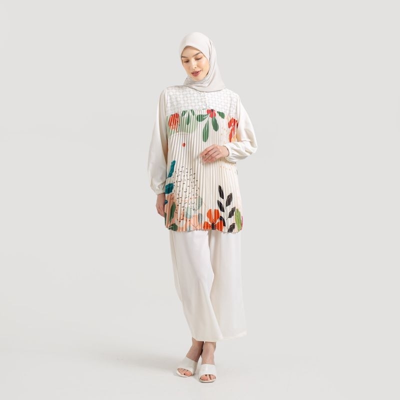 Blouse Plisket Full Print - Atasan wanita warna putih