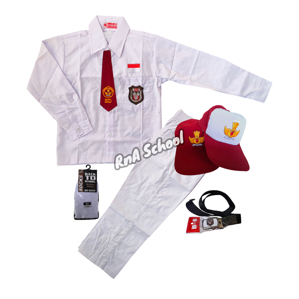 Seragam SD Laki-Laki Satu Set Baju SD Lengan Panjang Celana Putih Panjang dan Perlengkapan Seragam