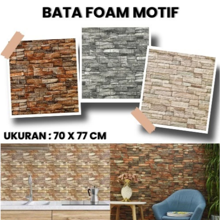 Wallpaper Dinding 3D Bahan Foam Batu Bata Alam Stiker Tembok Wallfoam Batu Alam 70x77CM