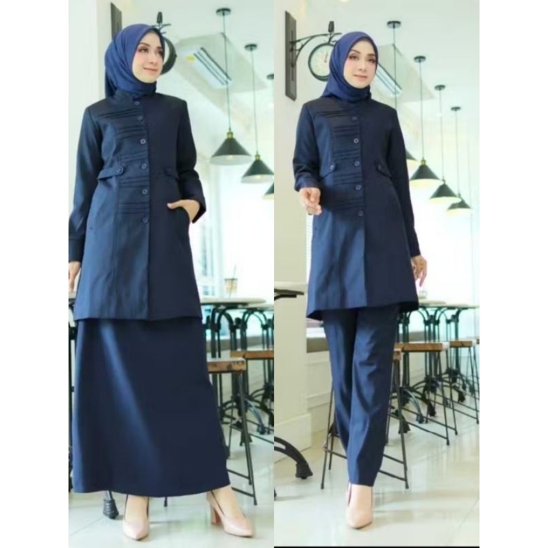 Baju Kerja Seragam Dinas Guru Tunik Biru Dongker Wanita Stik Garis Setelan Rok Span/Rok.A/Celana Pan
