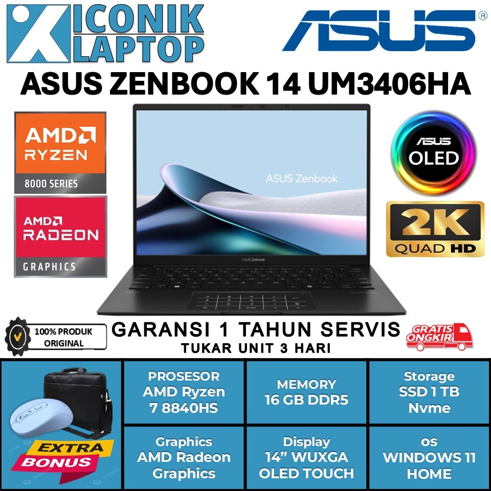 Laptop Touchscreen Asus Zenbook OLED 14 UM3406HA AMD Ryzen 7 8840HS Ram 16 GB DDR5 Ssd 1 TB Black