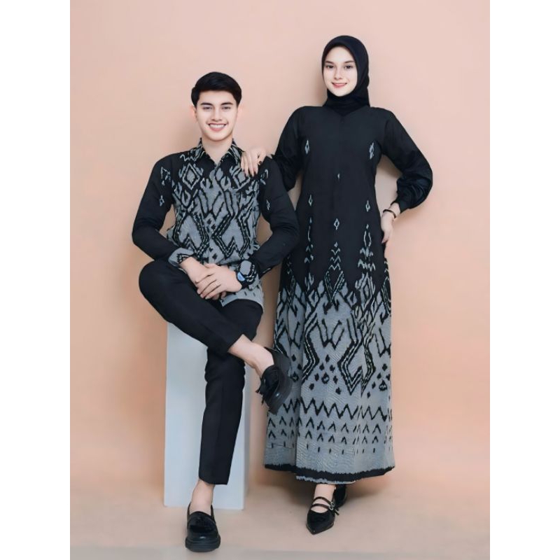 Baju Couple Dress Mira Black Grey Dress Dan Kemeja Couple Tenun Ethnik Dress Kondangan Prawedding Se
