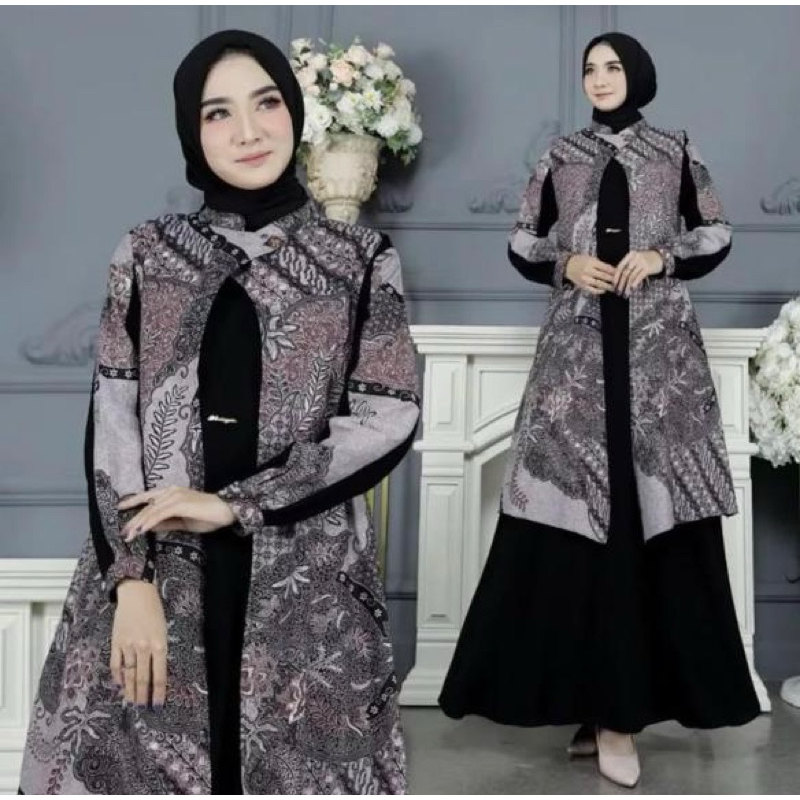 Gamis Batik Jubah / Dress Kombinasi Polos 2in 1 / Motif Batik Terbaru