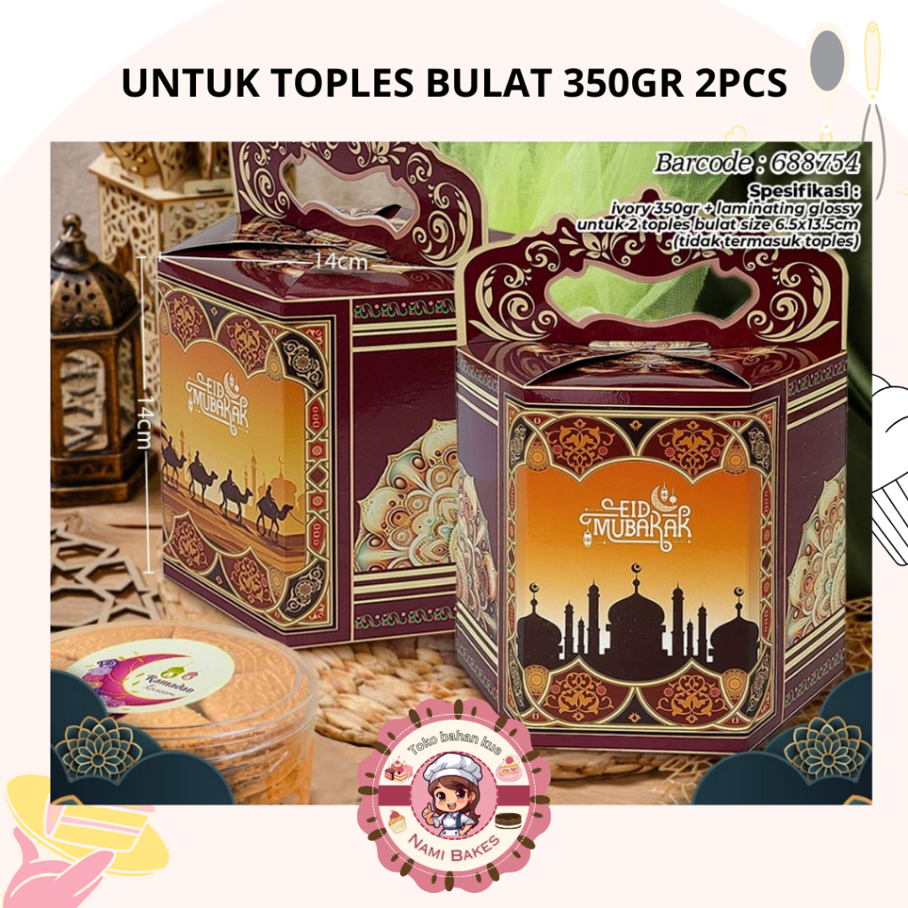 

Kotak Lebaran muat Toples Bulat 350gr 2pcs Box Hampers Idul Fitri Eid Mubarak