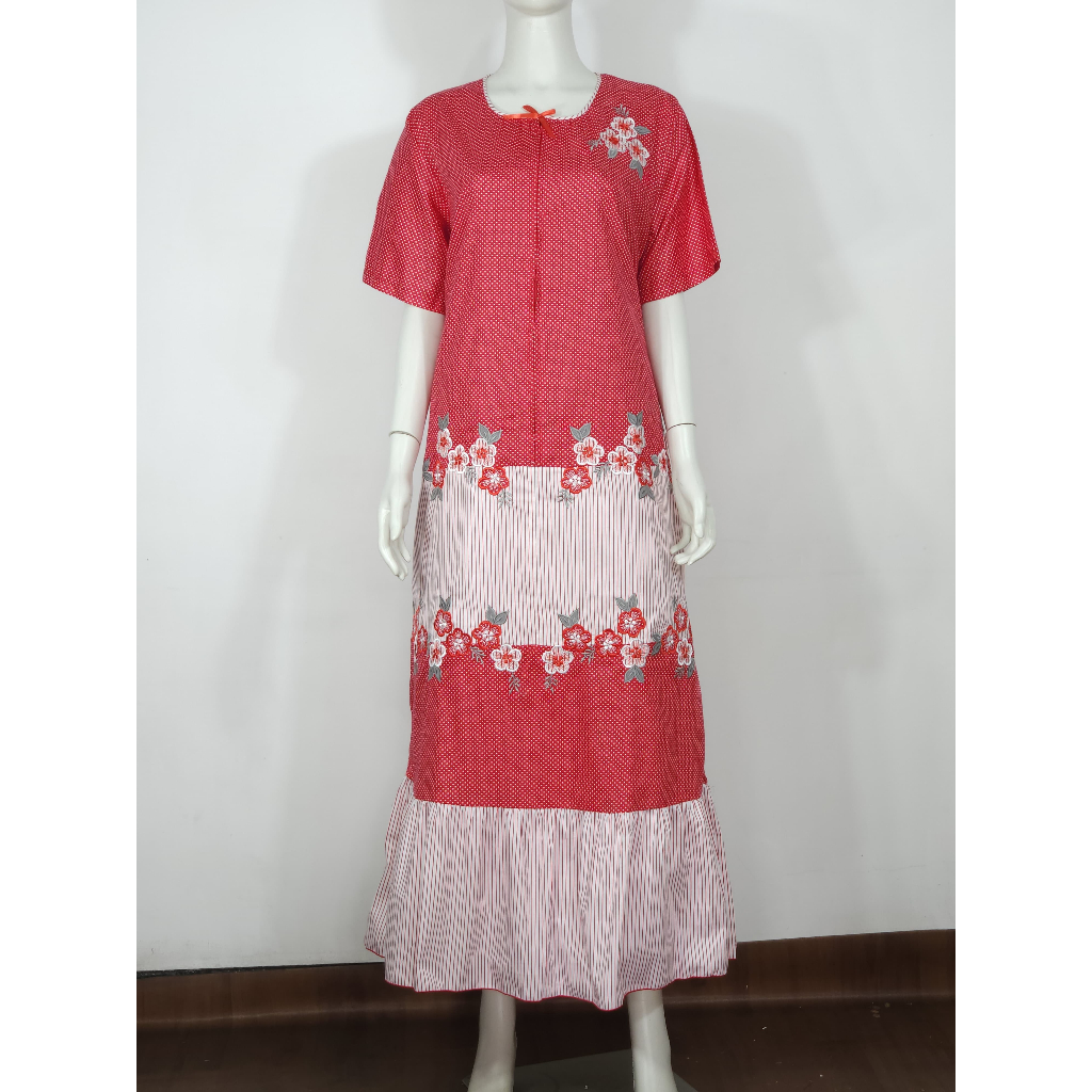 Longdress Bordir Tangan Pendek Polkadot Garis Khas Malang [ Baju Tidur Wanita Premium] [Baju Busui ]