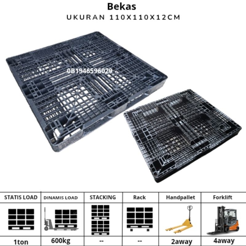 PALLET PLASTIK BEKAS 110X110X12cm UNTUK PENGIRIMAN LOGISTIK DAN PENYIMPANAN BARANG DI GUDANG