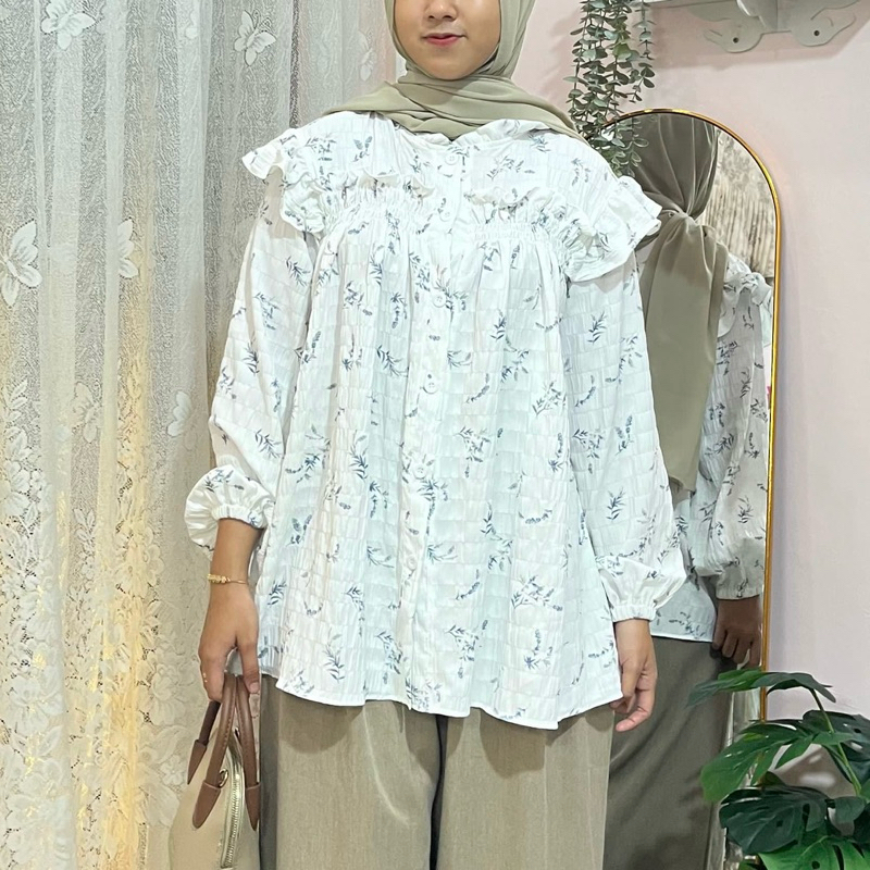 Syifa Amanda Blouse Ruffle Flower// Blouse Ruffle Kotak-kotak // Atasan Wanita Ruffle Lengan Panjang