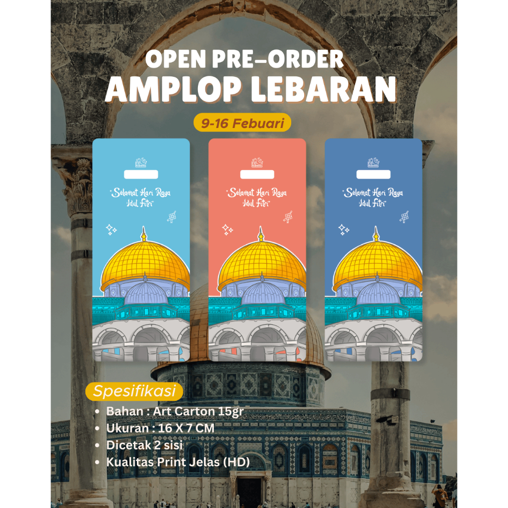 

[PO] AMPLOP LEBARAN BAITUL MAQDIS ATAU MASJIDIL AQSA| UKURAN BESAR| MERCHANDISE PALESTINA| SATU PCS ISI TIGA