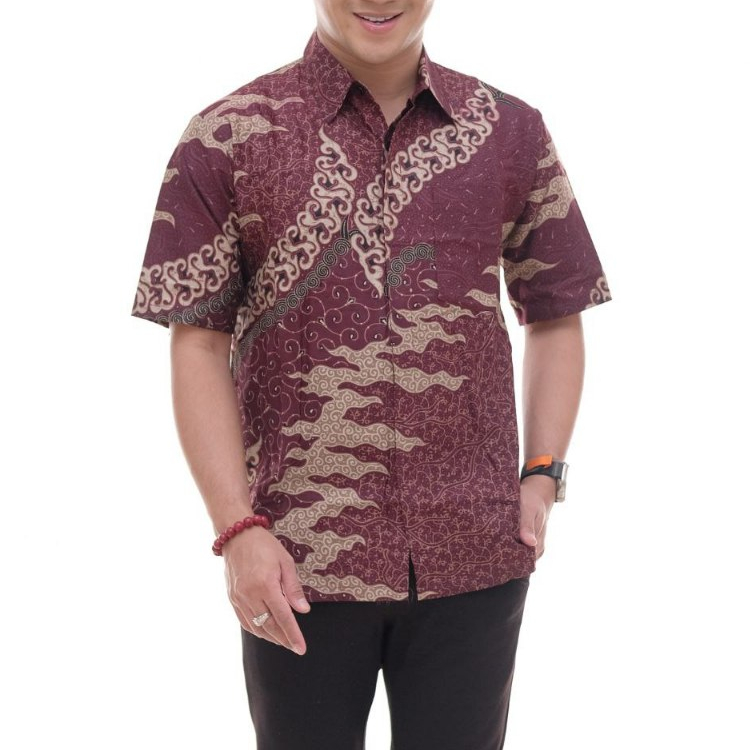 Kemeja Batik Pria Burgundy Lengan Pendek Baju Batik Pria Motif Sekawan