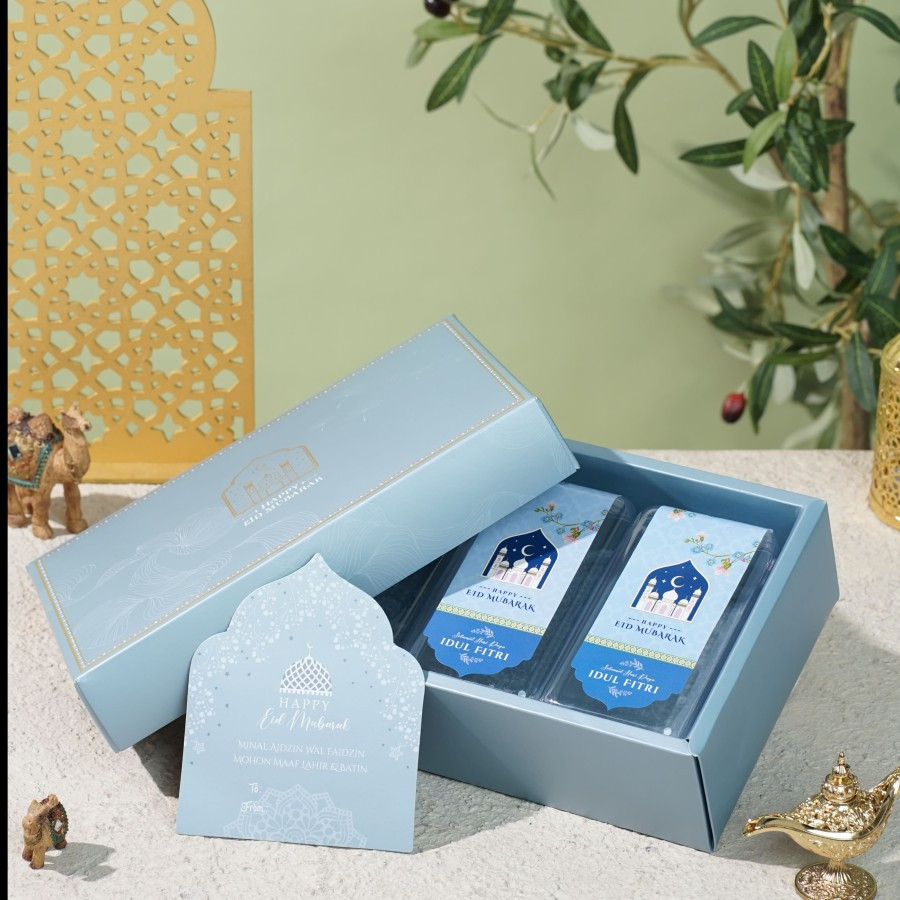 

10 pcs box hampers lebaran idul fitri serenity ukuran 27 x 17.5 x 8 cm warna soft blue 3 toples kardus