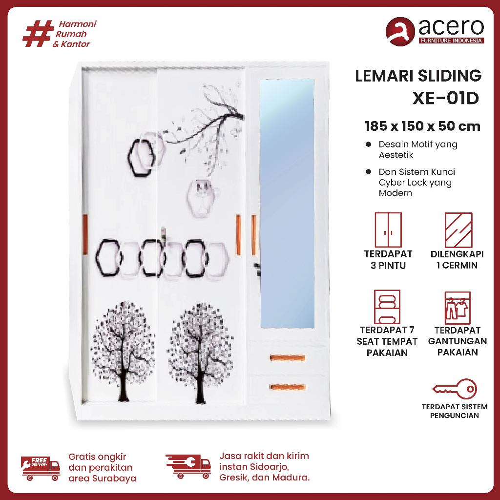 Acero Furniture Lemari Pakaian Swing 3 Pintu Full Plat Besi XE – Lemari Baju Kokoh, Anti Karat, Kapa