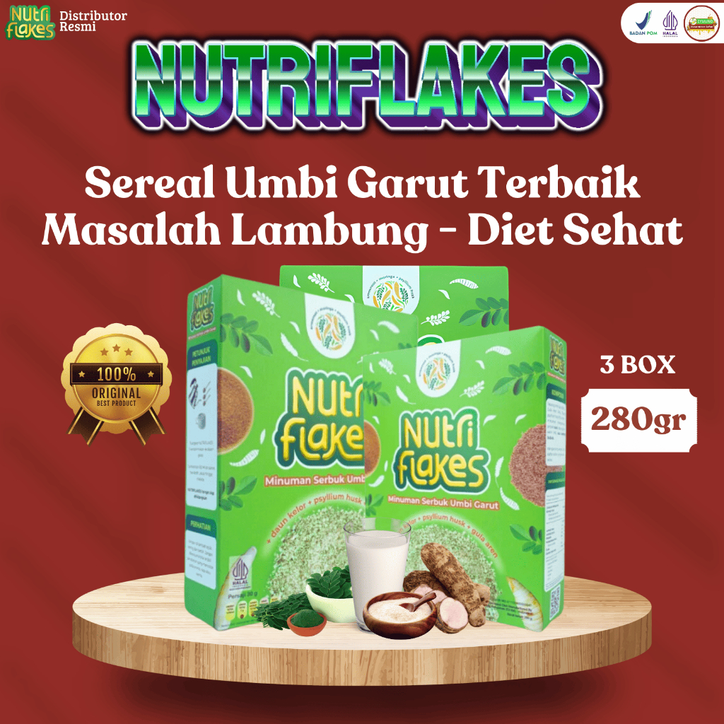 

NUTRIFLAKES 3 Box - Sereal Umbi Garut Terbaik Atasi Masalah Lambung Medu Diet Sehat Original
