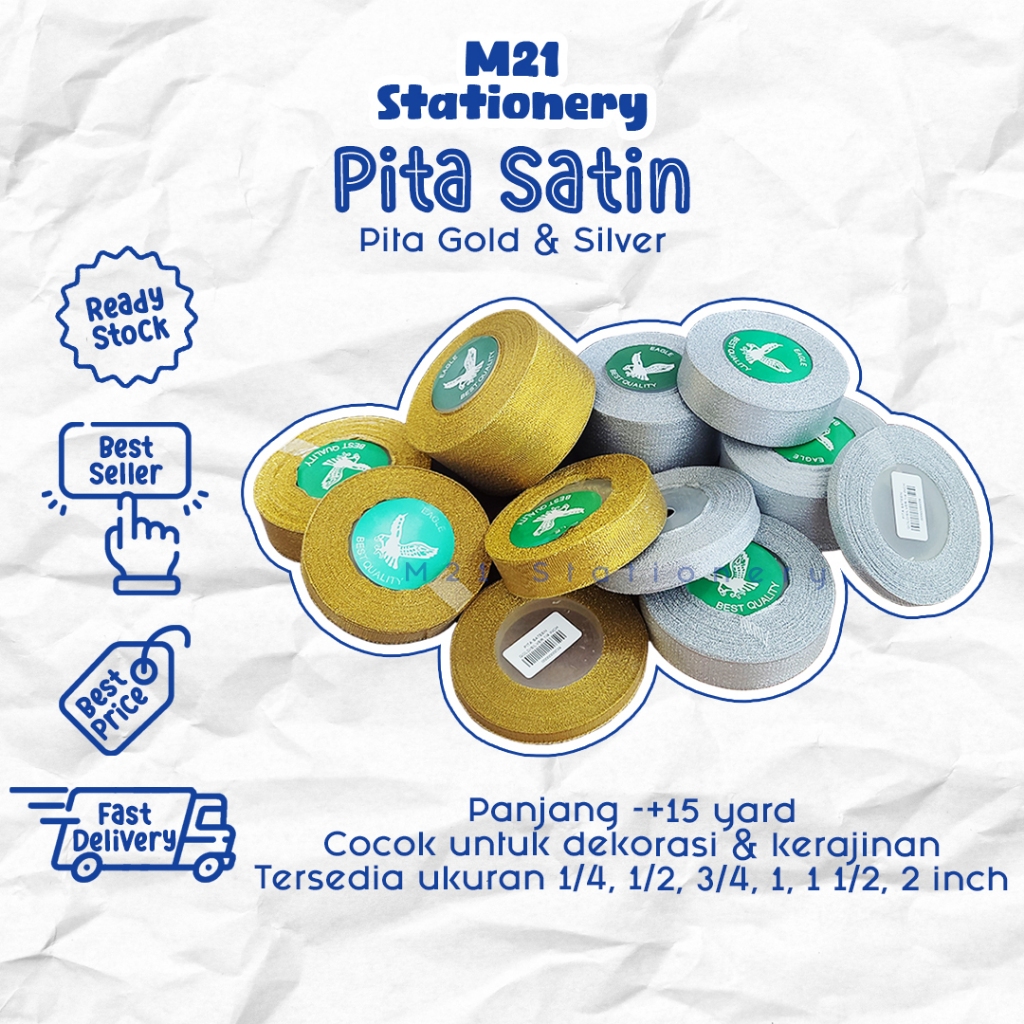 

PITA SATEEN GOLD & SILVER / 1 roll satin emas perak ukuran 1/4, 1/2, 3/4, 1, 1 1/2, 2 inch inci pita glitter dekorasi kado hadiah parcel hampers natal lebaran souvenir perlengkapan party pesta kreasi prakarya / m21 stationery jogja