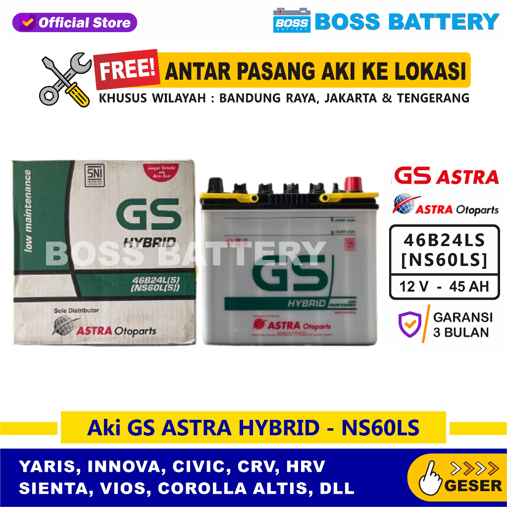 Aki GS HYBRID NS60LS - 45 Amper, Aki GS ORIGINAL ASTRA OTOPARTS