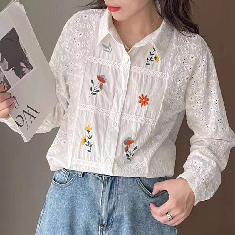 BLUS KEMEJA KATUN BRUKAT PUTIH PANEL BORDIR BUNGA IMPORT