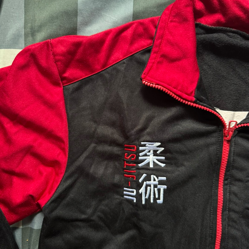 [ ready stock ] jaket zipper black maroon jacket size L bordir new resleting cotton fleece sport ola