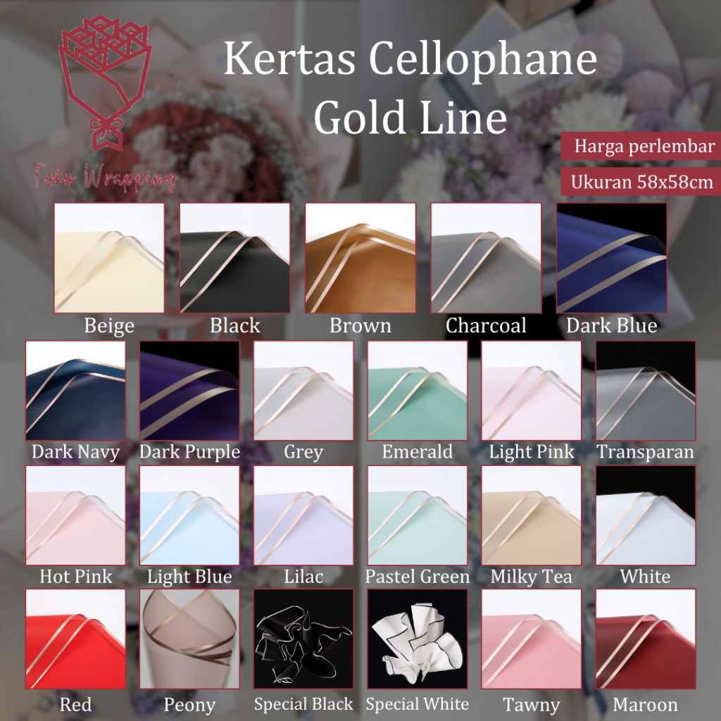 

Kertas Cellophane (Gold Line) Flower Wrapping Paper Celophane / Chellophane Buket Bunga Murah untuk Snack Uang