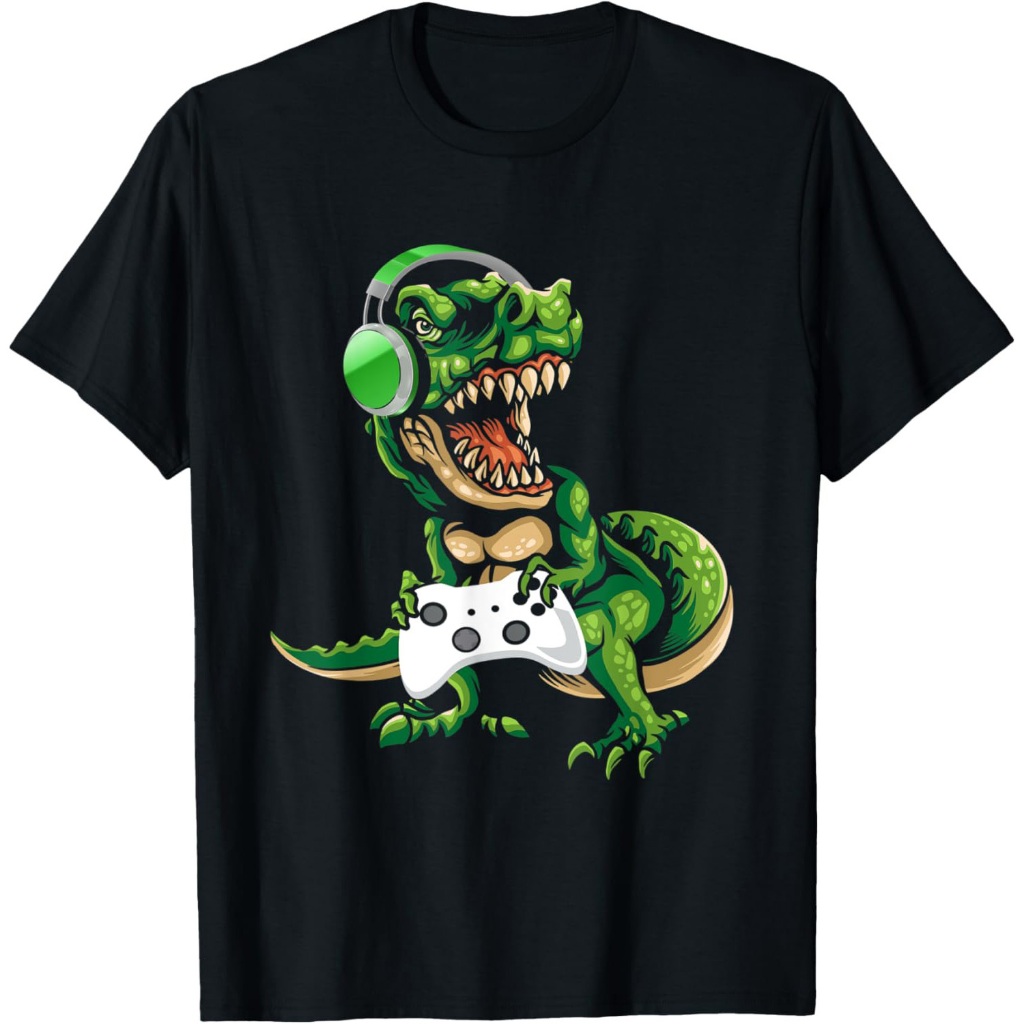 Kaos Hadiah Gaming Headphone Dinosaurus Tyrannosaurus Rex untuk Gamer Anak Laki-laki