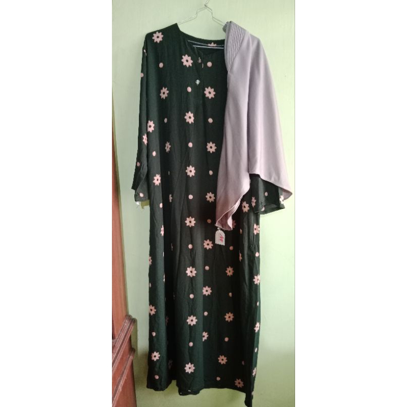 Daster Include Hijab bergo Gamis Batik Hitam Lengan Panjang