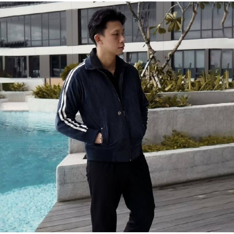 SIGNORE Suede Stripes Jacket W/Button Navy [M]