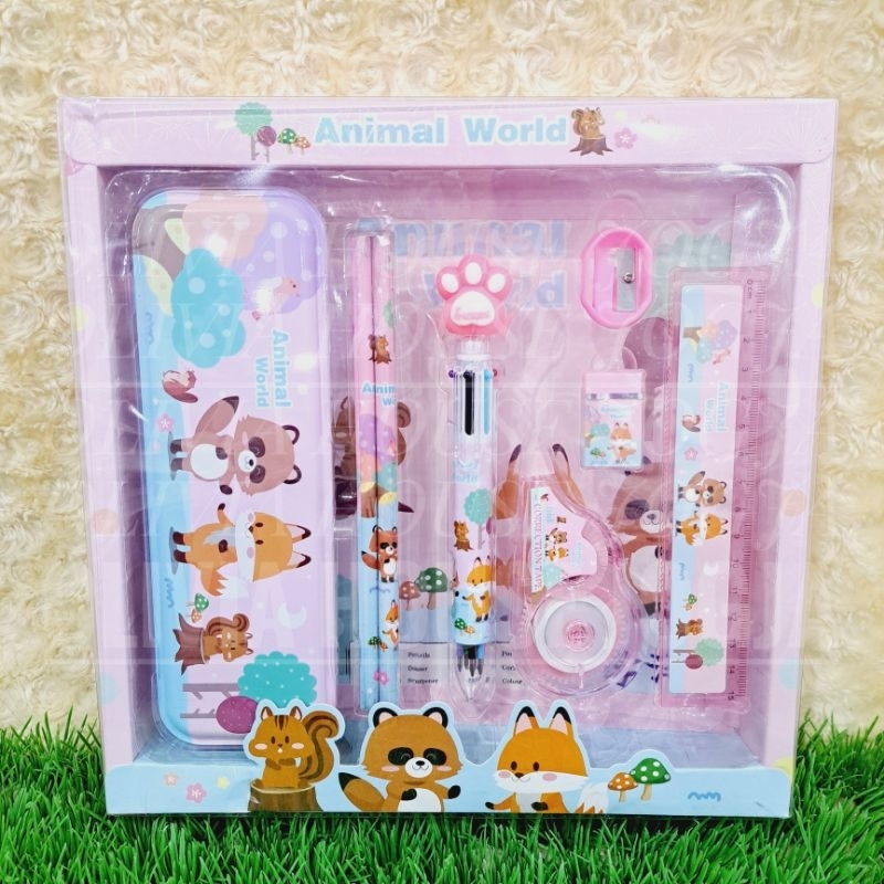 

Stationary Set Box Animal World Pink YOYO-8021 7in1 Pensil Case Set Animal World 7in1
