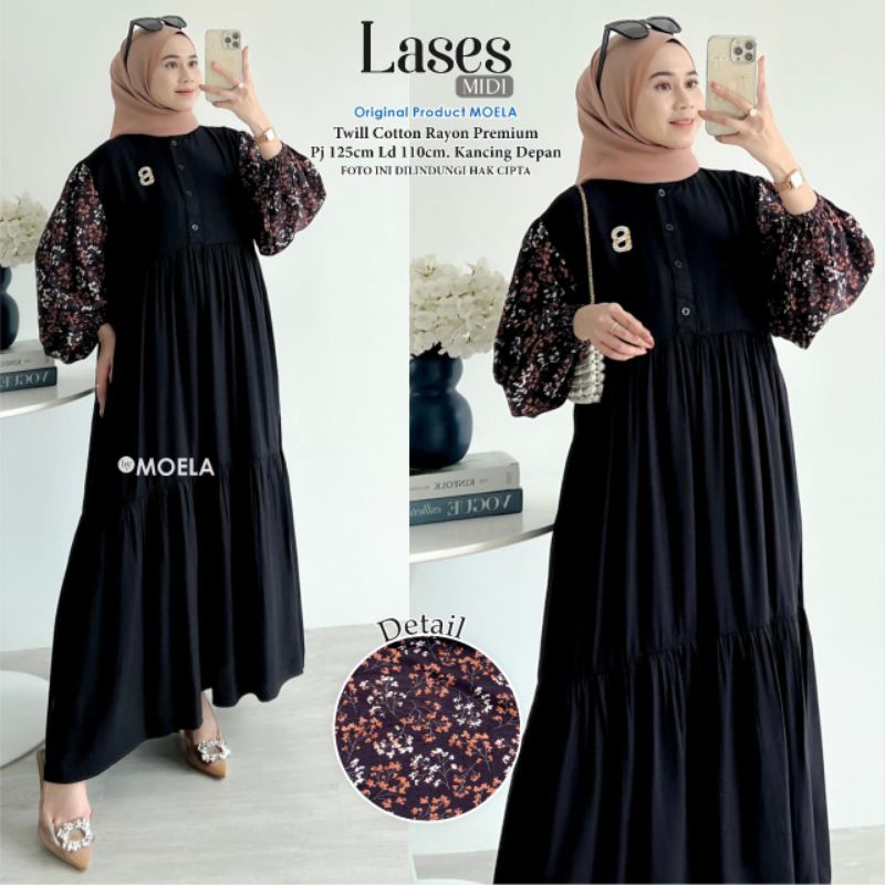 Moela Midi Dress Hitam Kombinasi Twill Cotton Premium Lengan Panjang kancing Depan