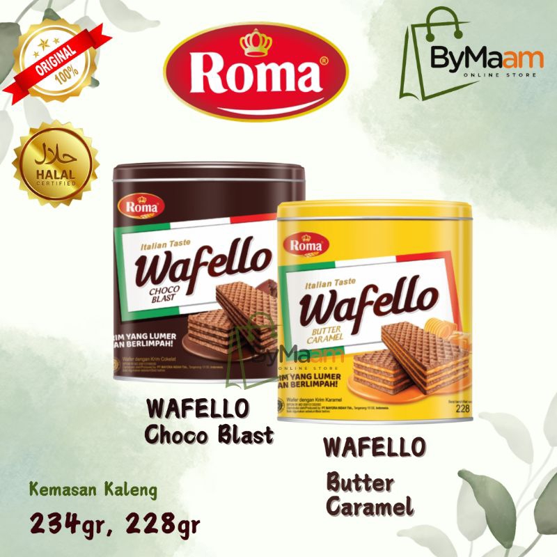 

Wafer Roma WAFELLO Kaleng Choco Blast 234gr Butter Caramel 228gr