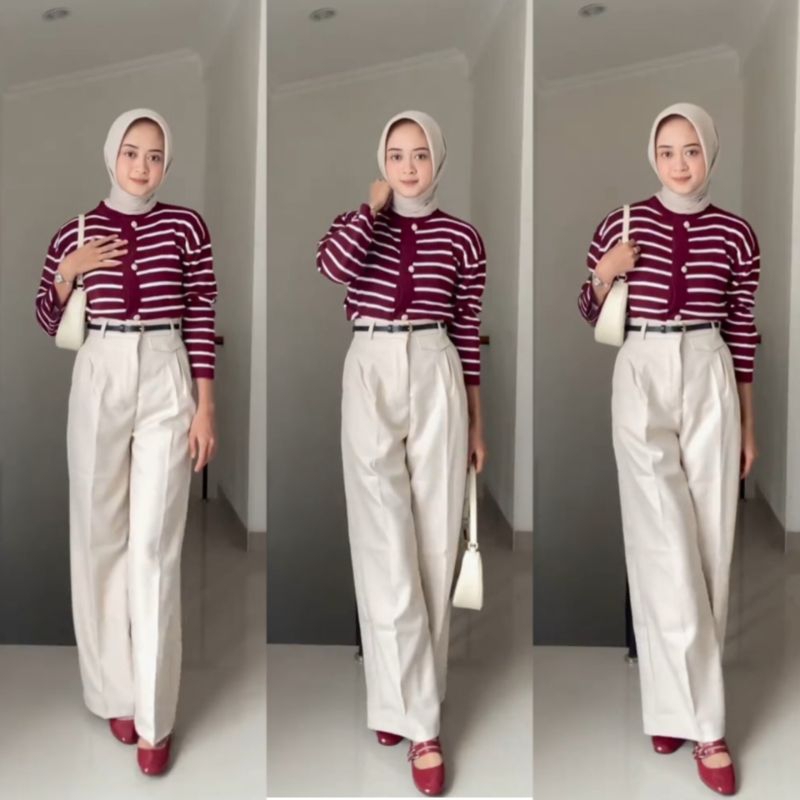 One Set Wanita / Cardigan Stripe + Oro Pants Haighwaist / Setelan Wanita / Setelan Wanita Kekinian /