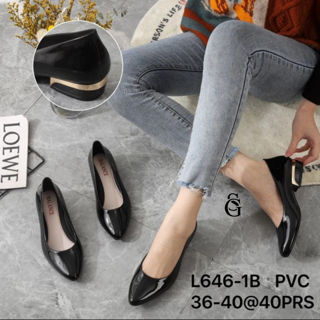 Flatshoes Wanita Formal Bahan Karet Jelly Glossy Variasi Hak Garis Gold Elegant Balance/L646-1B