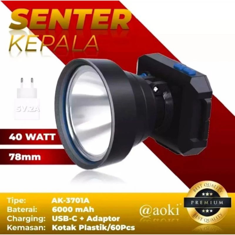 Senter Kepala Aoki AK-3701A cahaya putih 40watt Kepala besar